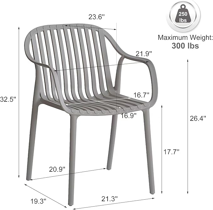 Modern Stackable Outdoor & Indoor Plastic Dining Chairs Set, Outdoor Breathable Armchairs Set, Weather-Resistant, Ideal for Patios, Cafes, and Home Use, No Assembly, Set of 4 (Grey) - Image 3