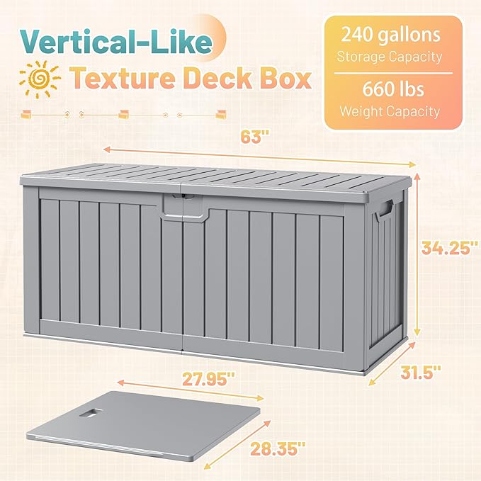 Patiowell 240 Gallon Large Outdoor Storage Box, Waterproof Deck Box with Fixed Divider, Lockable and Durable Patio Storage Solution for Patio Furniture and Garden Tools (Grey) - Image 7
