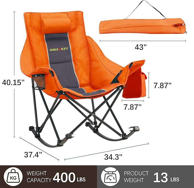 Oversized Rocking Camping Chair with Headrest & Cup Holder - 400lbs Capacity, 600D Oxford Fabric, Easy Fold Portable Outdoor Rocker Chair for Camping, Backyard, Beach, Orange - Image 3
