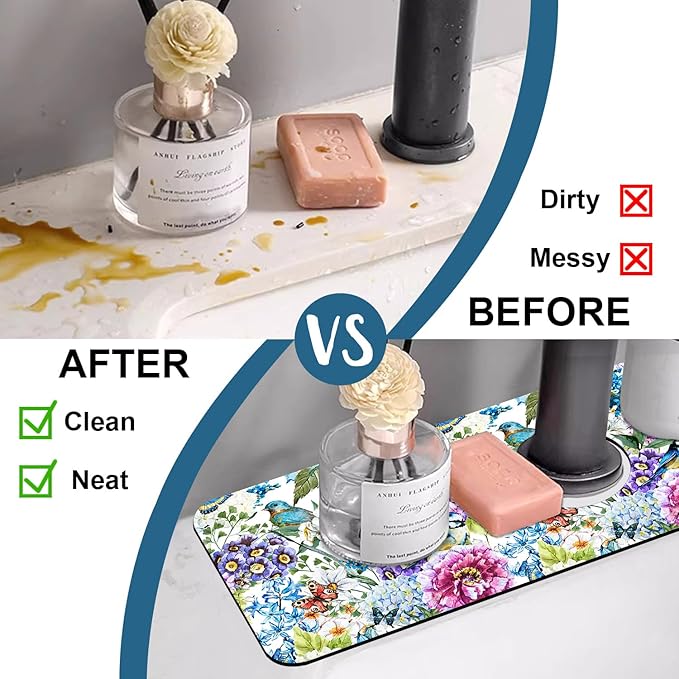 Beautiful Floral Kitchen Sink Splash Guard Faucet Mat Flower Bird Butterfly - Image 6