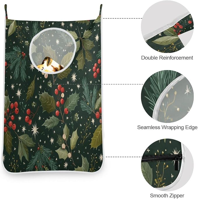 Green Christmas Holly Berries Pine Needles Leaves Hanging Laundry Hamper Door - Image 5