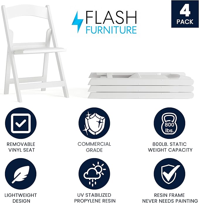 Flash Furniture Hercules Series Folding Chair - White Resin - Set of 4 800LB Weight Capacity Comfortable Event Chair - Light Weight Folding Chair - Image 4