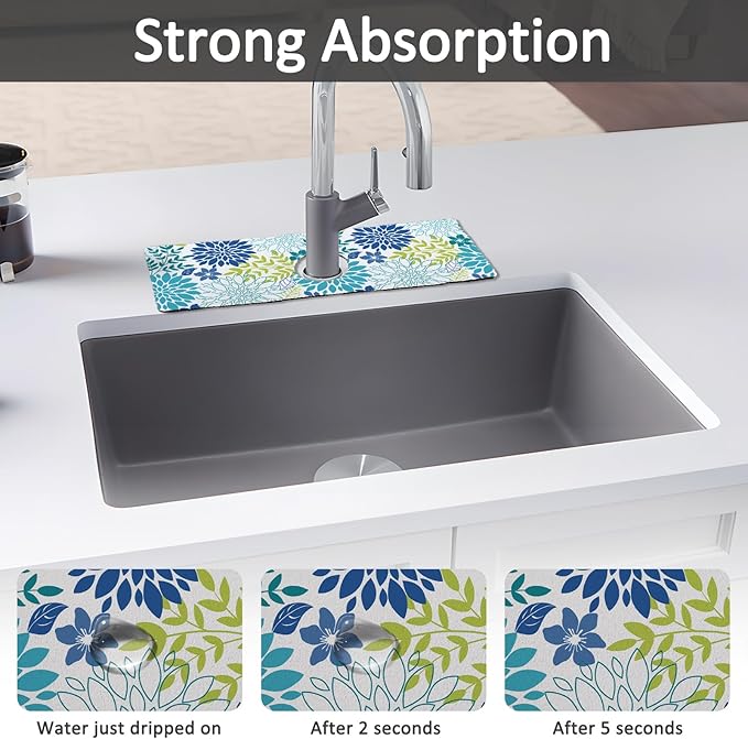 15" X 5.5" Kitchen Sink Splash Guard Faucet Mat Floral Super Absorbent Fast - Image 3