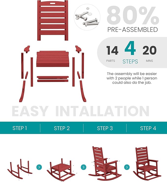 SERWALL Outdoor Rocking Chair, Oversized Rocking Chair with Footrest for Adults, HDPE All Weather Resistant Rocking Chairs for Patio, 350lbs Weight Capacity, Red - Image 5