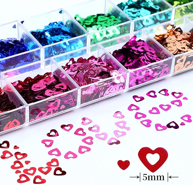 12 Colors Heart Nail Art Glitter Sequins, 3D Love Heart Nail Flakes Designs - Image 2