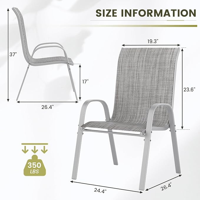 UDPATIO Patio Chairs Set of 4, Stackable Silver Outdoor Dining Chairs with High Back, Breathable Outdoor Chair Textilene Fabric All Weather, 350LBS Capacity for Garden, Backyard (Light Grey) - Image 3
