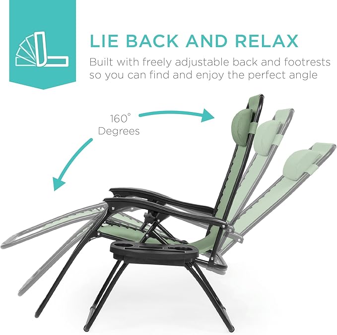 Best Choice Products Set of 2 Adjustable Steel Mesh Zero Gravity Lounge Chair Recliners w/Pillows and Cup Holder Trays - Sage Green - Image 4