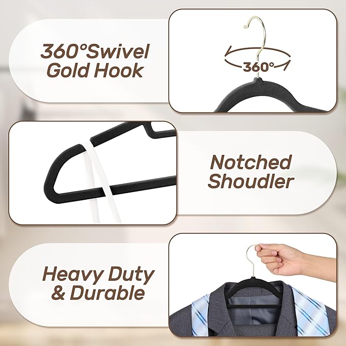 Velvet Hangers 30 Pack with Gold Hooks, Non-Slip Slim Felt Hanger - Image 2