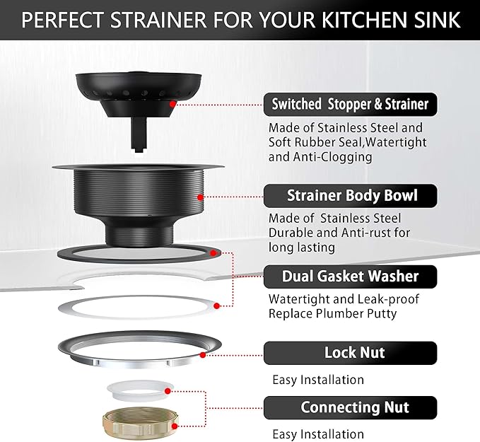 Black Sink Drain 3-1/2 Inch Matte Black Kitchen Sink Drain Strainer Assembly Kit - Image 7