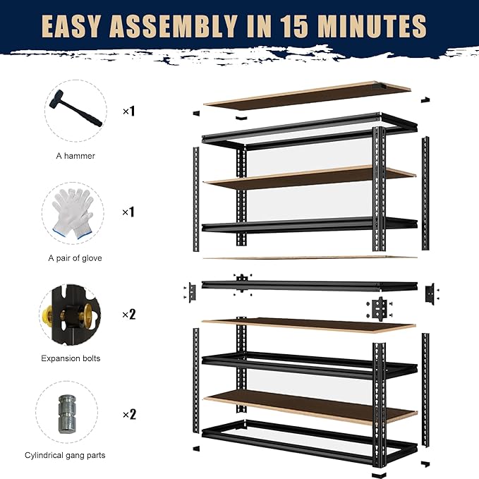 Garage Shelving, 2400 LBS Metal Storage Shelves, 12" x 28'' x 60'' Heavy Duty Shelf, Adjustable Shelving Rack, Standing Shelf Units, Shelves for Garage Storage - Image 7