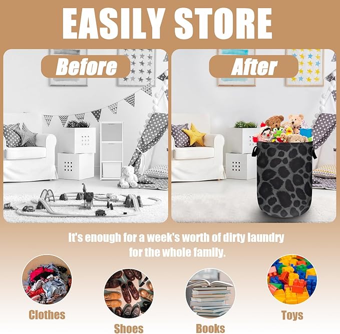 Grey Black Leopard Print Laundry Basket, Foldable Animal Leopard Laundry Hamper - Image 3