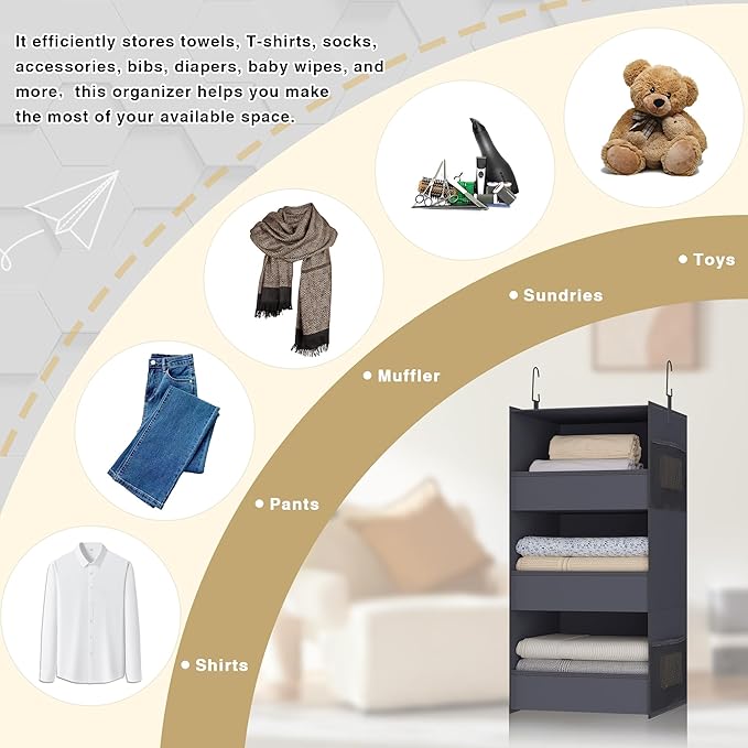 3-Shelf Hanging Closet Organizer and Storage, Foldable Hanging Closet Shelves - Image 8
