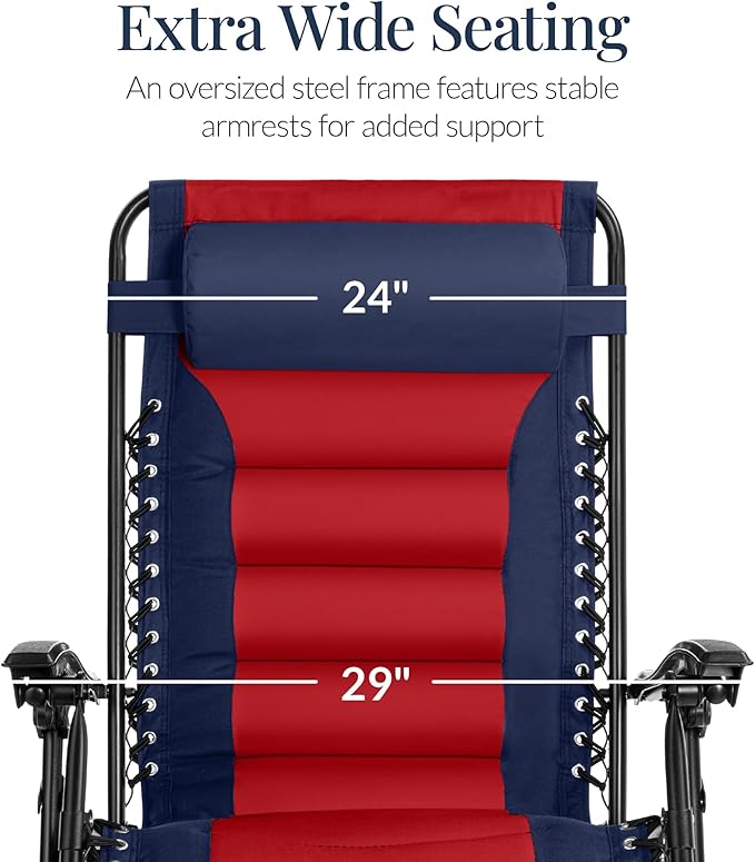 Best Choice Products Oversized Padded Zero Gravity Chair, Folding Outdoor Patio Recliner, XL Anti Gravity Lounger for Backyard w/Headrest, Cup Holder, Side Tray, Polyester Mesh - Navy/Red - Image 3