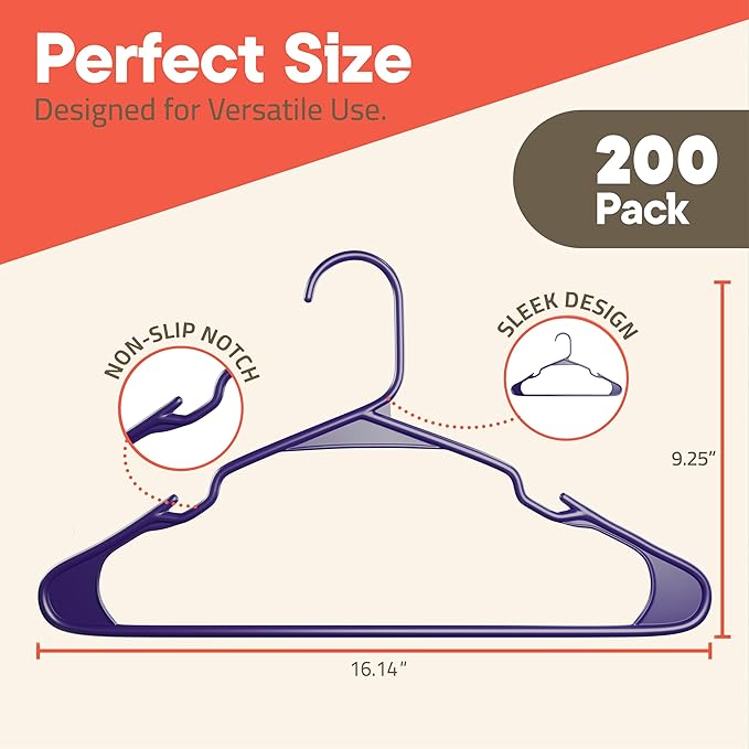 Purple Plastic Hangers 200 Pack– Heavy-Duty Plastic Hangers Slim and - Image 2