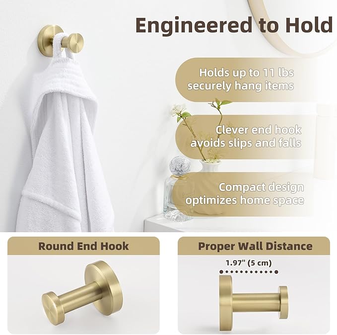 APLusee Brushed Gold Single Robe Wall Hook, 304 Stainless Steel Heavy Duty - Image 5