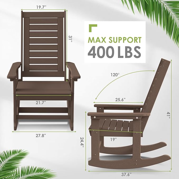 GREENVINES Outdoor Rocking Chairs | Set of 4 | Porch Rocker | HDPE Plastic | Wood Grain | Oversized Rockers | High Back | Big & Tall | Ladder Back | Dark Brown | for Patio Outside - Image 3
