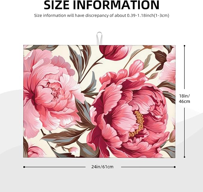 Pink Peony Dish Drying Mats for Kitchen Counter, Absorbent Reversible - Image 2