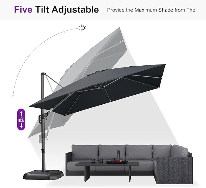 PURPLE LEAF 10 Feet Square Cantilever Umbrella Patio Umbrella with Base Outdoor Umbrella Aluminum Offset with 360-degree Rotation for Garden Deck Pool Patio Black - Image 7