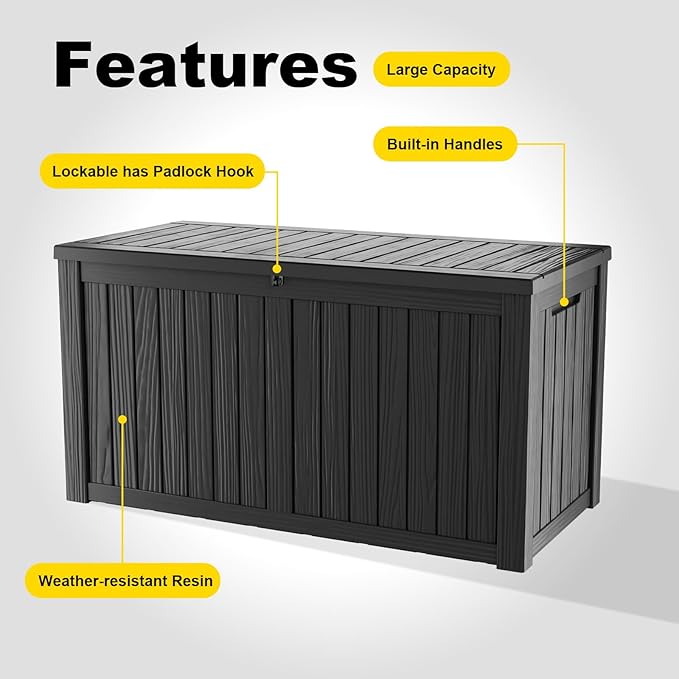 180 Gallon Outdoor Storage Box, Large Resin Deck Box for Patio Furniture Cushion Garden Tools, Waterproof and Lockable Design(Black) - Image 5