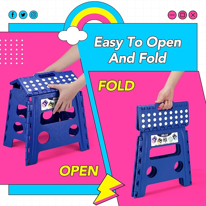 Delxo Folding Step Stool, 13 inch Non-Slip Foldable Stools for Kids & Adults Up to 300 LBS, Step Stool with Handle, Lightweight for Kitchen, Bathroom, Bedroom, Garden, Blue, 1PC - Image 7