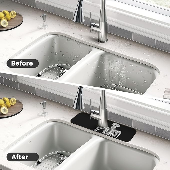 Black Funny Skull Human Skeleton Halloween Kitchen Sink Splash Guard Faucet Mat - Image 4