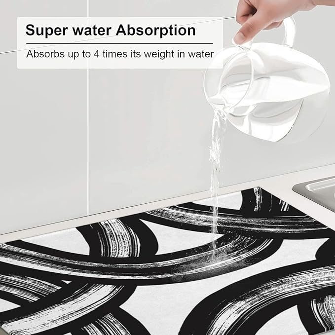 Black and White Abstract Curved Dish Drying Mats, Washable Reversible Foldable - Image 5
