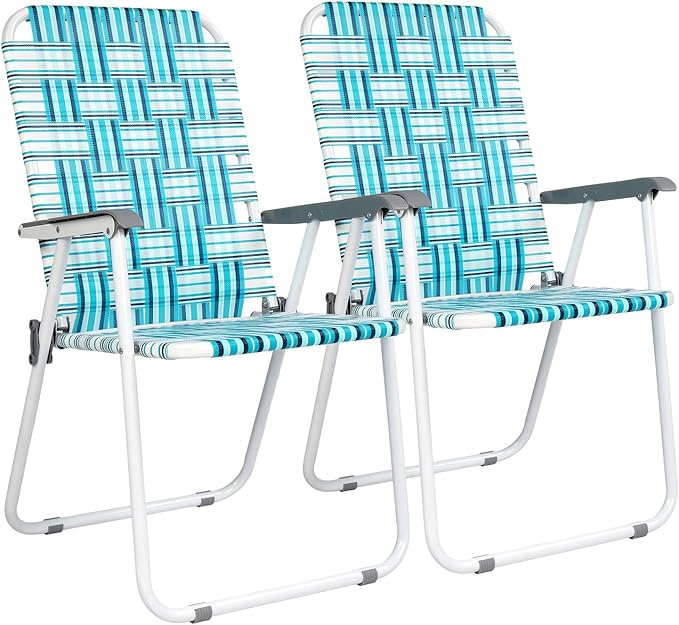 VINGLI Patio Lawn Webbed Folding Chairs Set of 4, Outdoor Beach Chair Portable Dining Chair for Outdoor Yard, Garden (White & Blue, Classic) by VINGLI