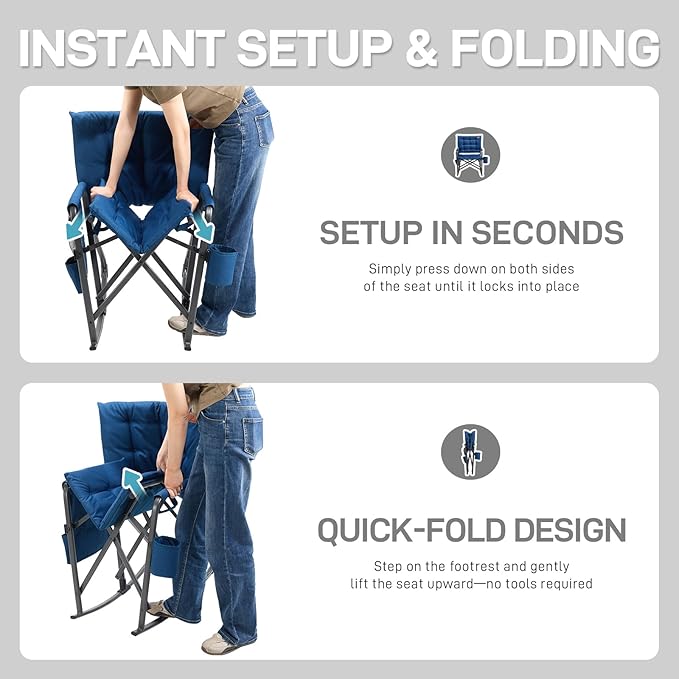 EVER ADVANCED Lightweight Folding Rocking Camping Chair, Padded Portable Rocker Chair for Patio, Lawn and Outdoors, Heavy Duty Hard Armchair for Adults, Blue - Image 4