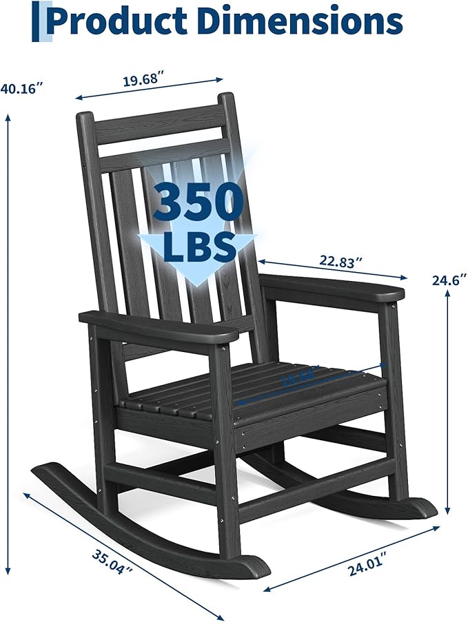 Rocking Chair Outdoor Set of 2 - HDPE Poly High Back Porch Rocker Chairs for Adults - All Weather Resistant Furniture for Patio Front Porch - Black - Image 2