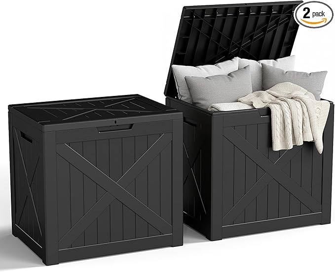 31 Gallon Outdoor Storage Box, Large Resin Deck Box for Patio Cushions, Garden Tools, Pool Accessories, Waterproof and Lockable Design, Storage Bench for Backyard & Deck(Black) by Unknown