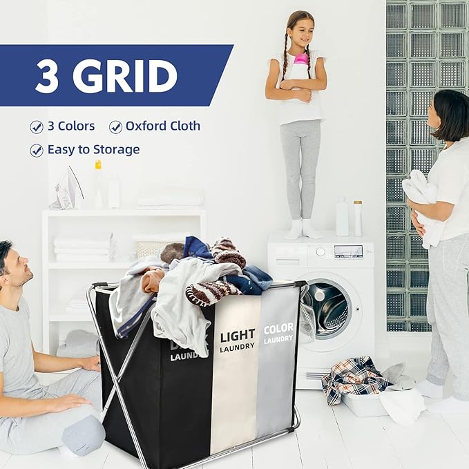 Laundry Cloth Hamper Sorter Basket Bin Foldable 3 Sections - Image 5