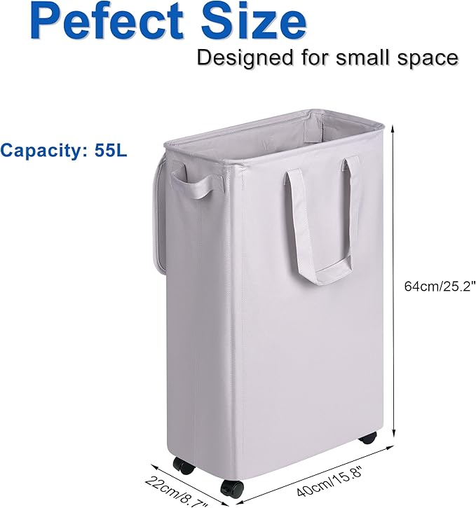 Slim Laundry Hamper with Lid and Wheels, Small Rolling Laundry Basket with - Image 5