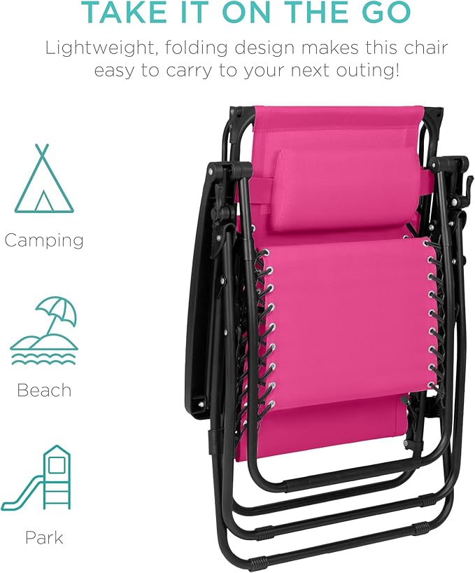Best Choice Products Folding Zero Gravity Outdoor Recliner Patio Lounge Chair w/Adjustable Canopy Shade, Headrest, Side Accessory Tray, Textilene Mesh - Hot Pink/Black - Image 7