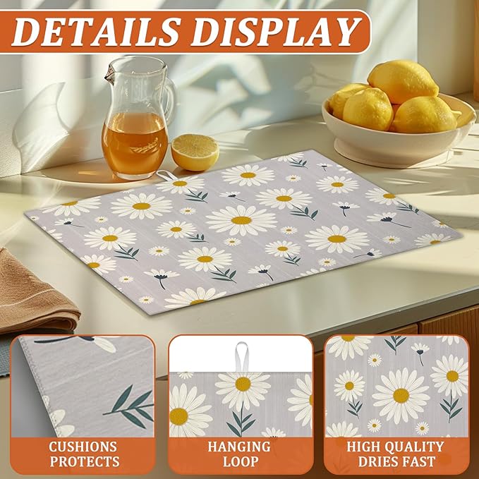 White Daisy Flowers Dish Drying Mat - Image 3