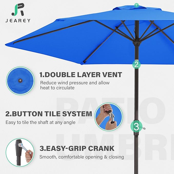 JEAREY 7.5FT Patio Umbrella Outdoor Market Umbrella with 6 Sturdy Ribs, Push Button Tilt/Crank Table Umbrella for Garden, Deck, Backyard and Pool, Royal Blue - Image 5