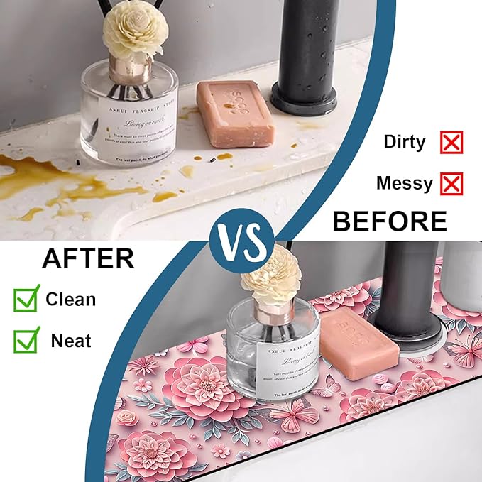 Pink Floral Sink Splash Guard Faucet Mat Flower Butterfly Super Absorbent Fast - Image 6