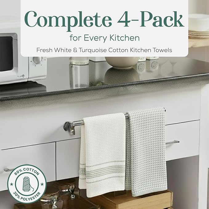 MosJos Kitchen Towels, Cotton Hand Towels White & Turquoise Mini Weaved - Image 2