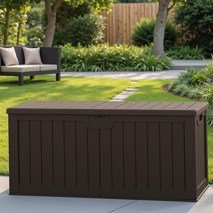 Patiowell 240 Gallon Large Outdoor Storage Box, Waterproof Deck Box with Fixed Divider, Lockable and Durable Patio Storage Solution for Patio Furniture and Garden Tools (Brown) - Image 5