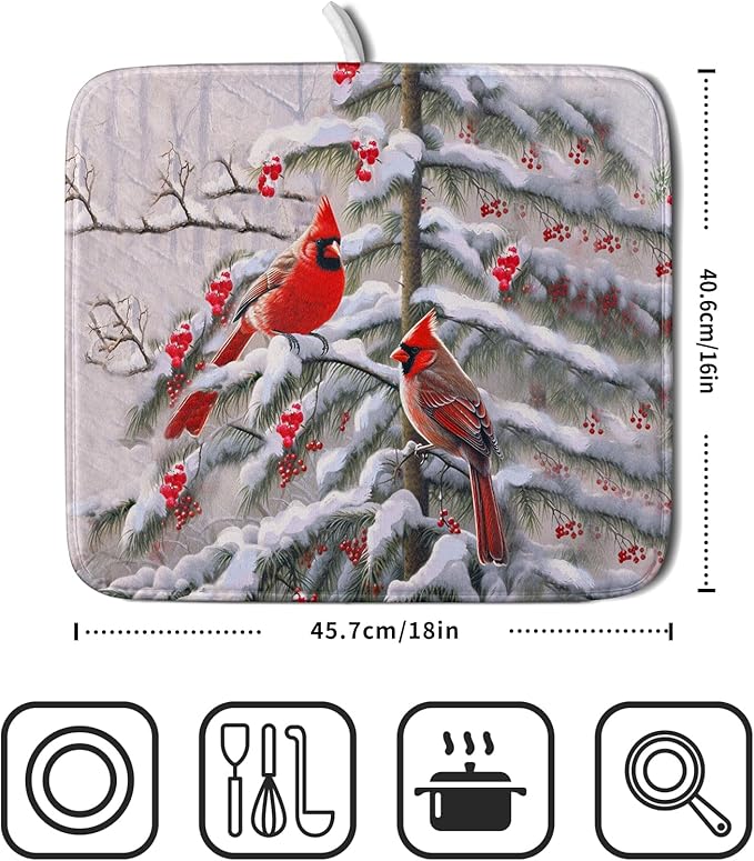 Red Birds Dish Drying Mat Winter Berry Dish Drainer Mats Absorbent Reversible - Image 2