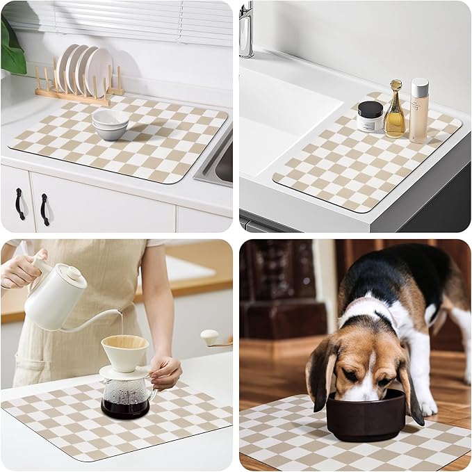 Checkered Dish Drying Mat for Kitchen Counter, Absorbent Non-Slip Coffee Mat - Image 7