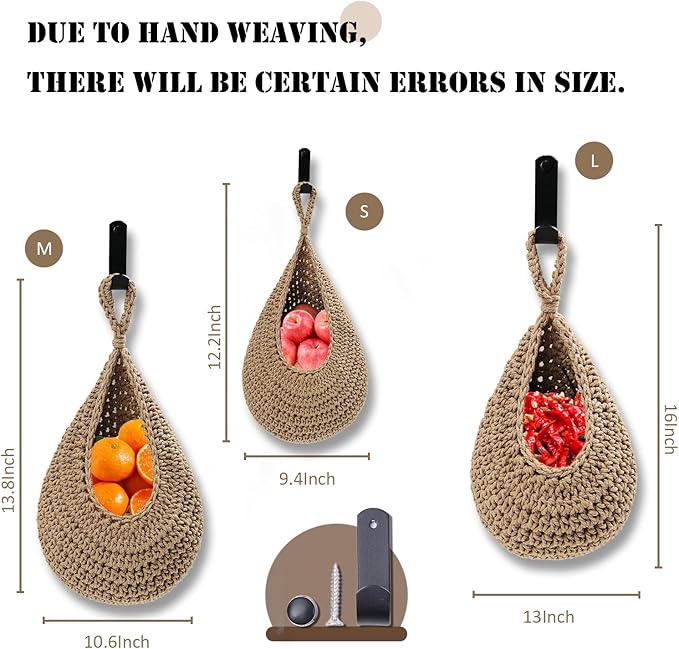 Hanging Fruit Large Basket Set of 3, Boho Wall Hanging Storage Basket - Image 2