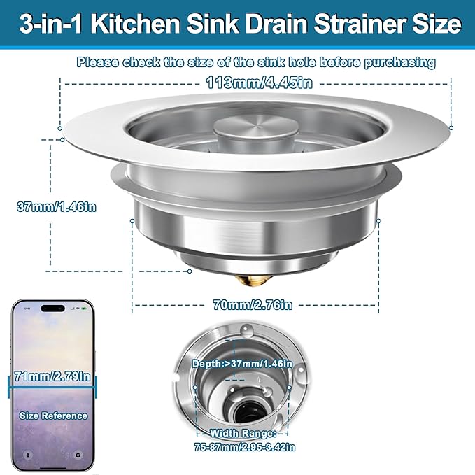 3-in-1 Kitchen Sink Drain Strainer Stopper, Upgraded Stainless Steel Sink Plug - Image 7