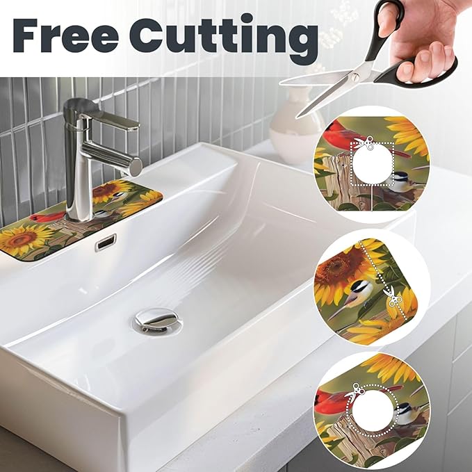 Sunflowers and songbirds Kitchen sink faucet pad, strong water absorption - Image 3
