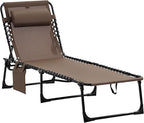 Outsunny Chaise Lounge Chair Outdoor, 5-Position Adjustable Sun Tanning Chair with Carrying Handle and Side Pocket, Folding Bed Cot with Removable Pillow for Garden, Beach, Patio, Pool, Camp, Brown by Outsunny