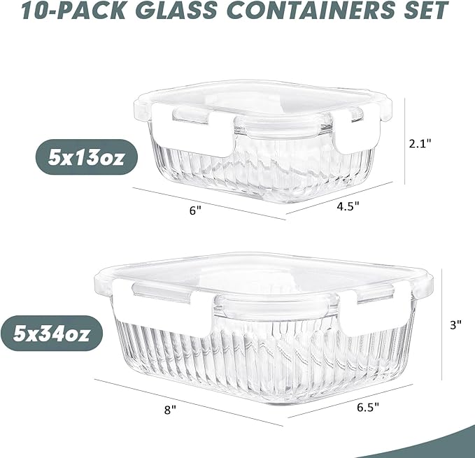 KOMUEE 10 Packs Glass Food Storage Containers Set, Glass Meal Prep Containers - Image 2