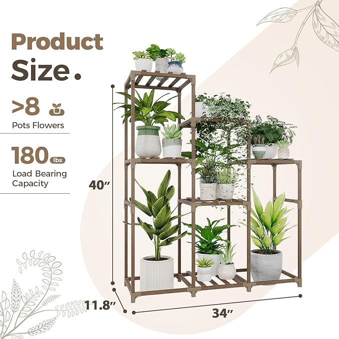 Bamworld Tall Plant Stand Indoor Wood Shelf Outdoor Tiered Rack for Multiple Flowers 5-Tier 7-Pot Ladder Holder for Plant Pots Gardening Decor - Image 7