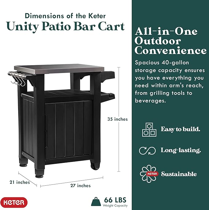 Keter Outdoor Grill Prep Table & Serving Cart, Stainless Steel Top, Unity, 40 Gal, Brown - Portable Bar Table and Cooking Accessory for Pool, Patio, Lawn, and Backyard - Image 2