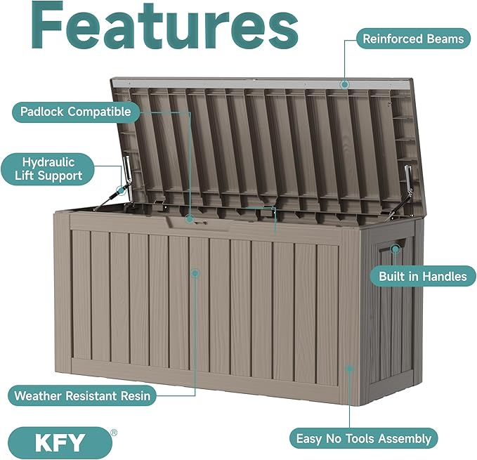 80 Gallon Waterproof Resin Deck Box, UV Resistant Outdoor Storage for Garden, Patio, Porch, Delivery, Grey - Image 3