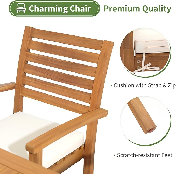 OC Orange-Casual Stackable Patio Dining Chairs Set of 2, Outdoor Acacia Wooden Chairs w/Armrest & Removeable Fabric Cushion, for Porch, Backyard, Garden, Indoor, Beige - Image 5