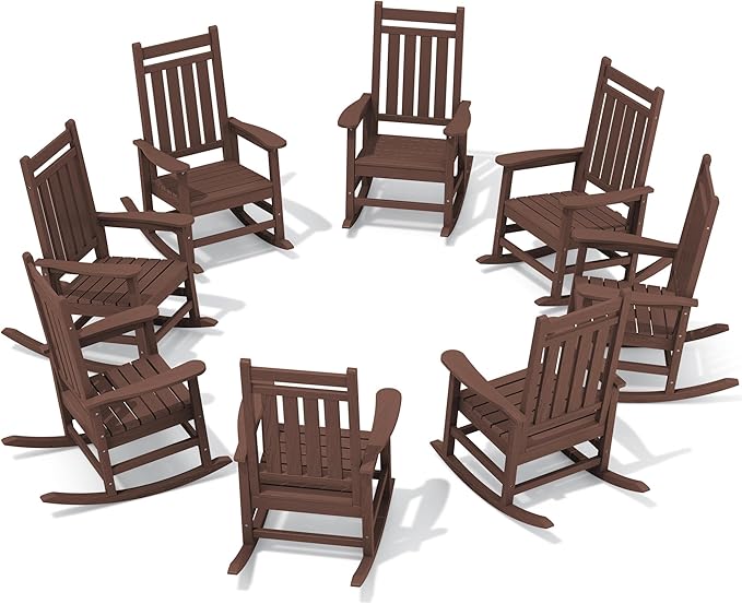 SERWALL HDPE Outdoor Rocking Chair Set of 8, Patio Rocking Chairs for Adults, All Weather Outdoor Rockers for Lawn, Brown by SERWALL